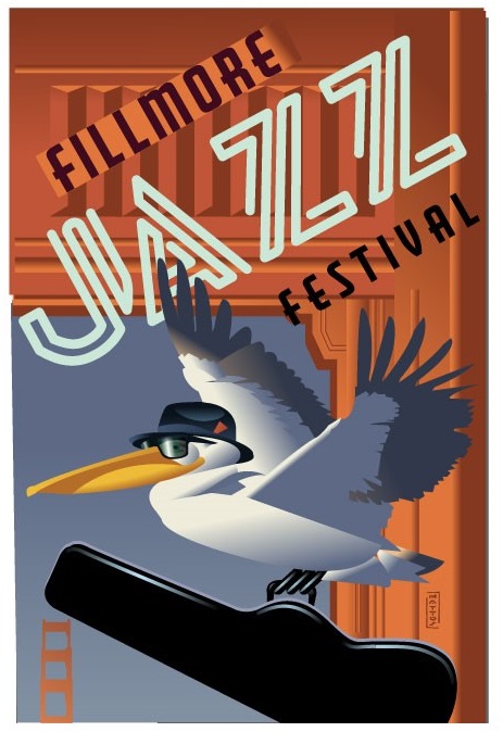 Weekend Fillmore Jazz Festival image with flying seagull carrying a jazz musical instrument case, wearing a black hat.