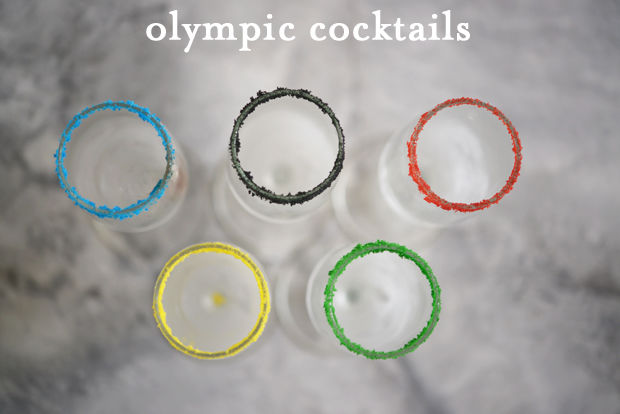 Olympic cocktail glasses with sugar colored rings