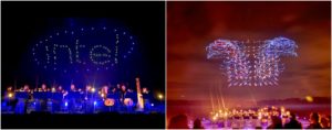 Two photo collage of Intel's world record 100 drone light show. Image on left is drones spelling out Intel logo. Image on right is colorful drone light movements.