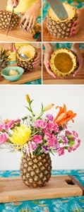 Collage of hollowing out a pineapple and flowers in a pineapple